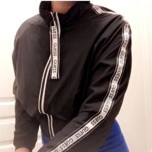 GUESS Size Small Women's Cropped‎ Black Windbreaker Jacket with Logo Stripes
